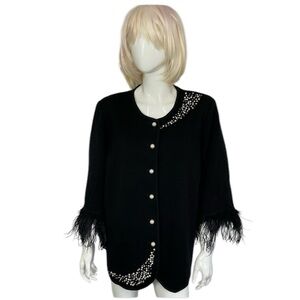 Stizzoli Vintage Black Wool Faux Pearl Button  Feather Cuffs Cardigan Jacket XXL